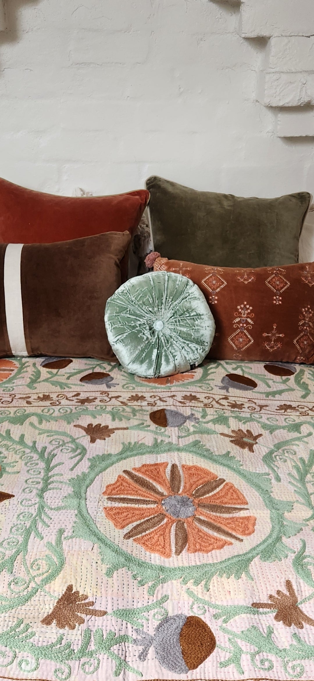 Vintage Suzani Kantha Throw - Apricot, Green, Ochre, Pale Pink & Lemon