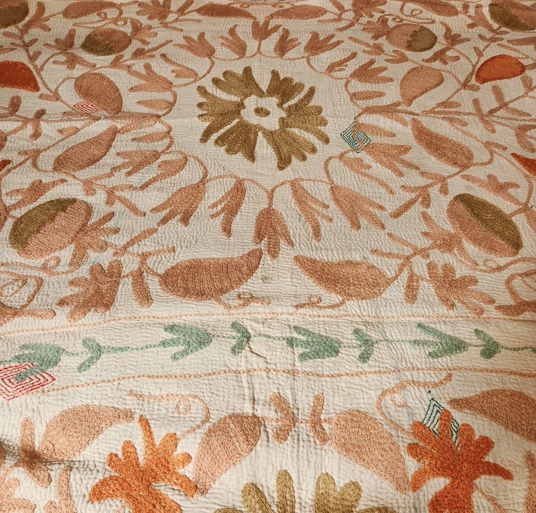 Vintage Suzani Kantha Throw - Peach, Mint, Green, Beige