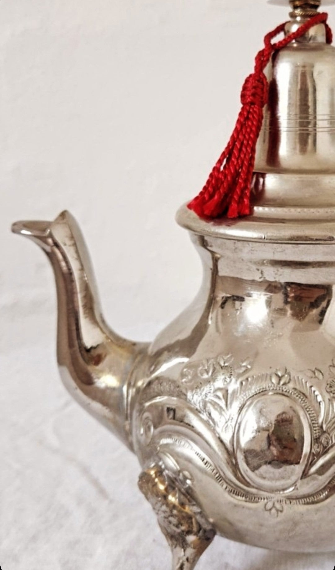 Vintage Silver Plated Moroccan Tea Pot Red Tassel
