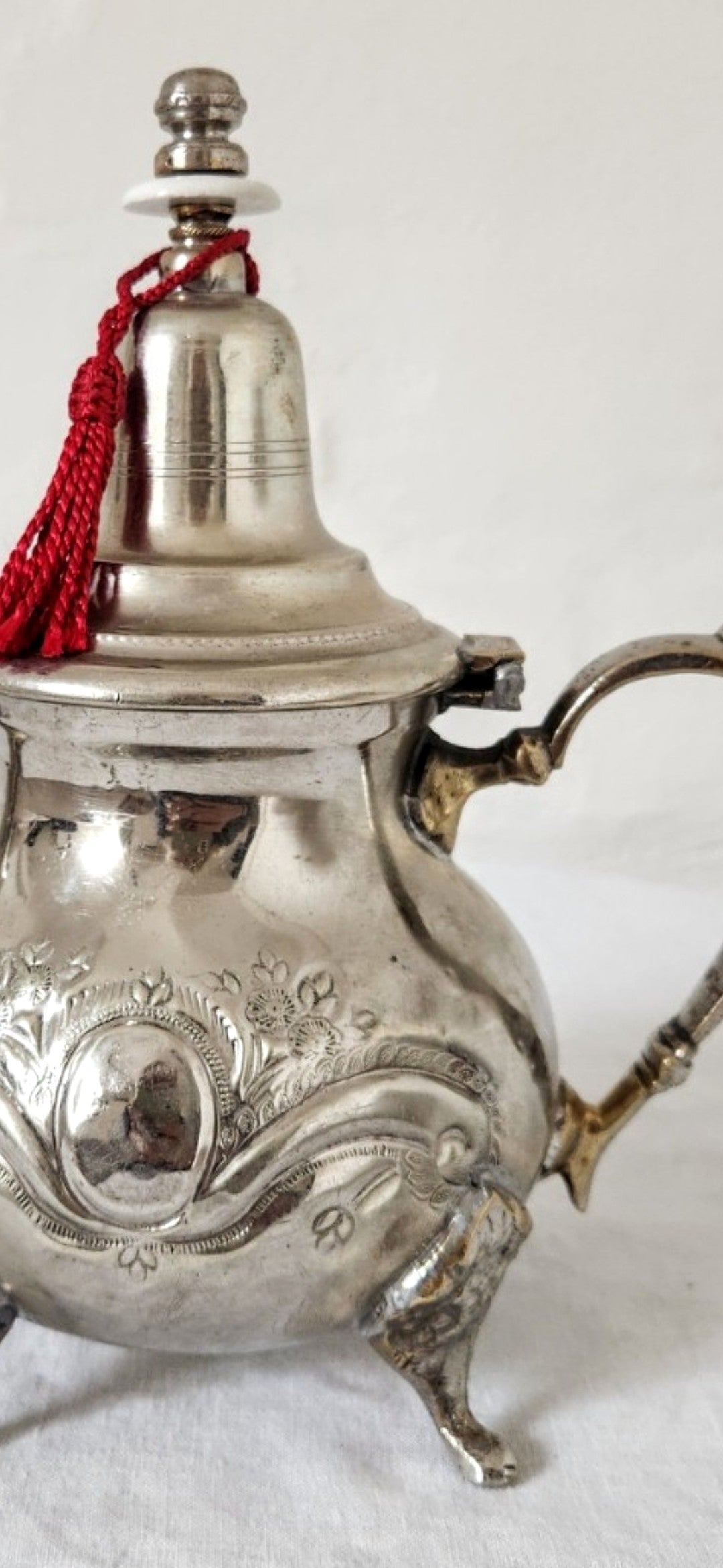 Vintage Silver Plated Moroccan Tea Pot Red Tassel