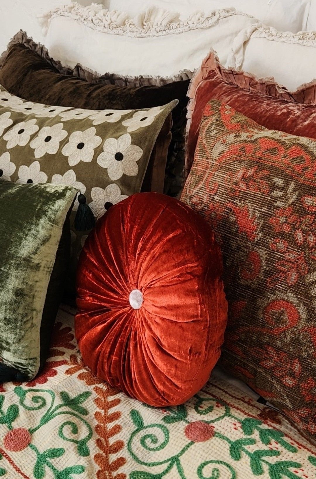 Turkish Kilim Green and Red Botanical Cushion