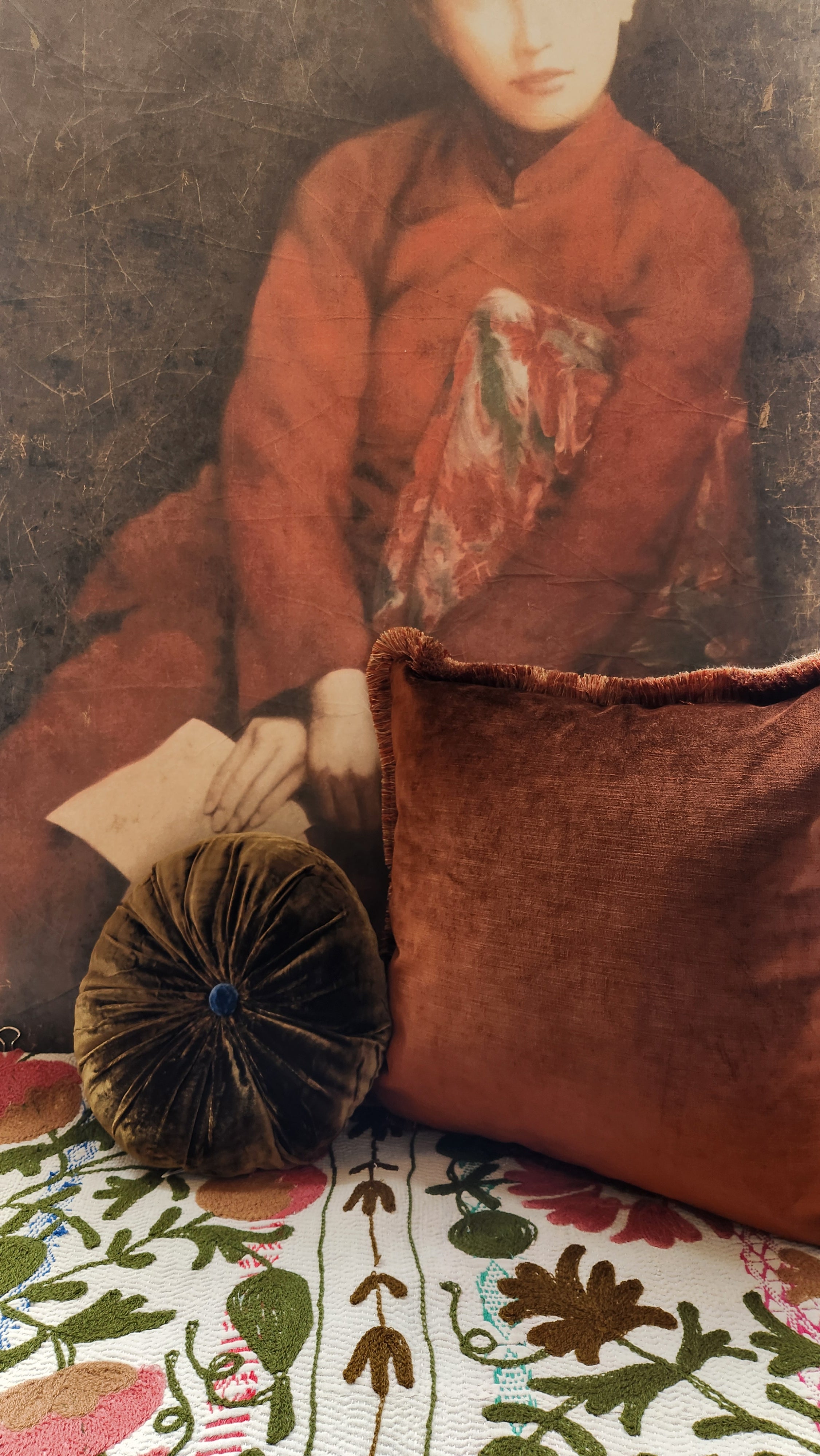 Rust Velvet Cushion with fringing
