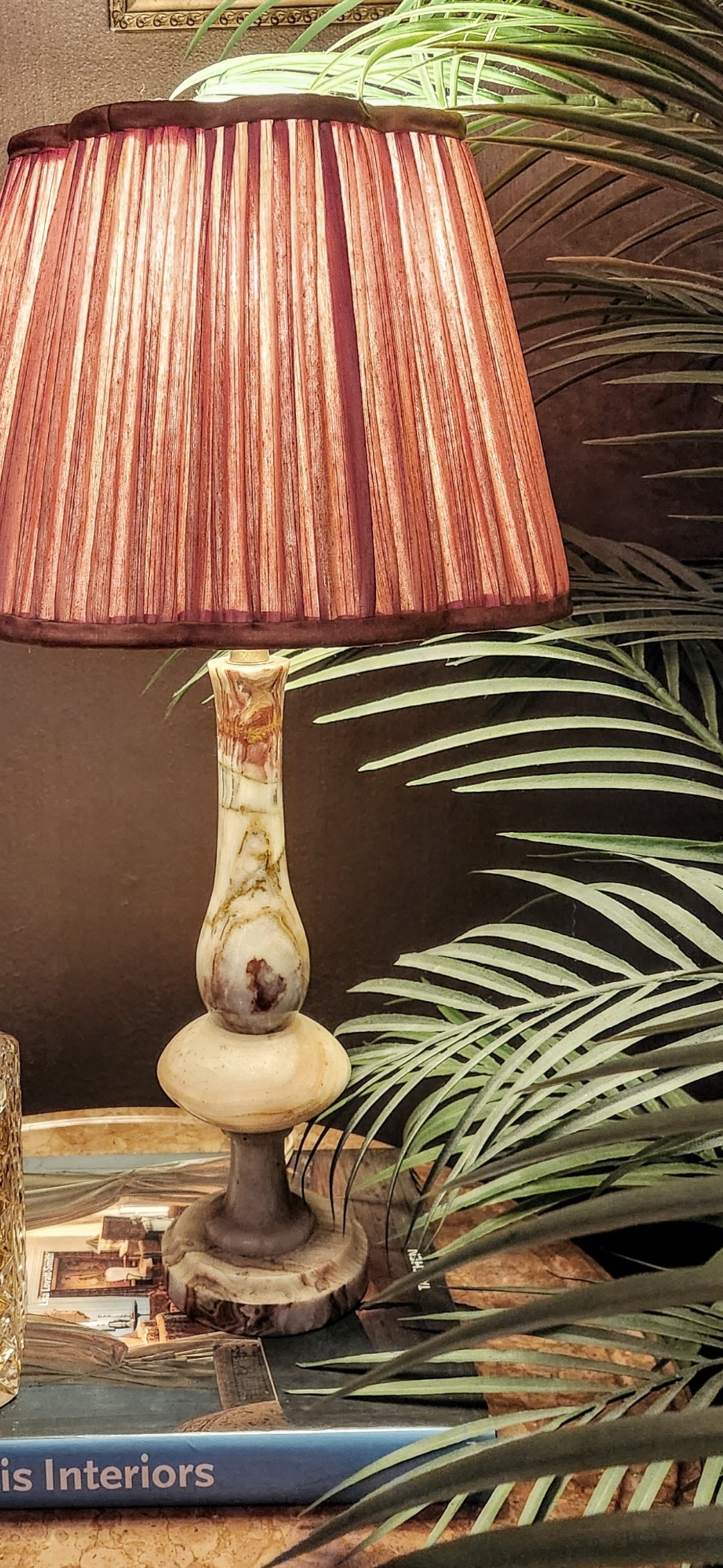Alabaster Lamp and Pleated Bronze Silk Shade