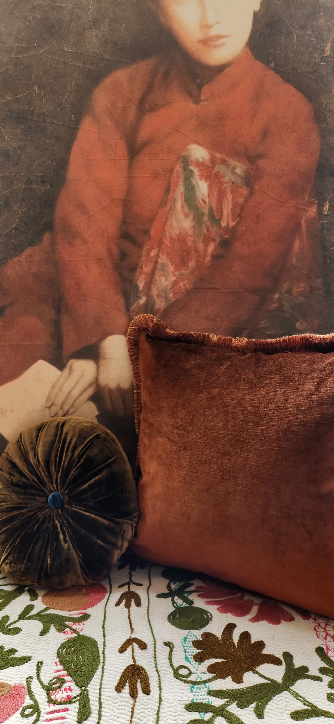 Rust Velvet Cushion with fringing