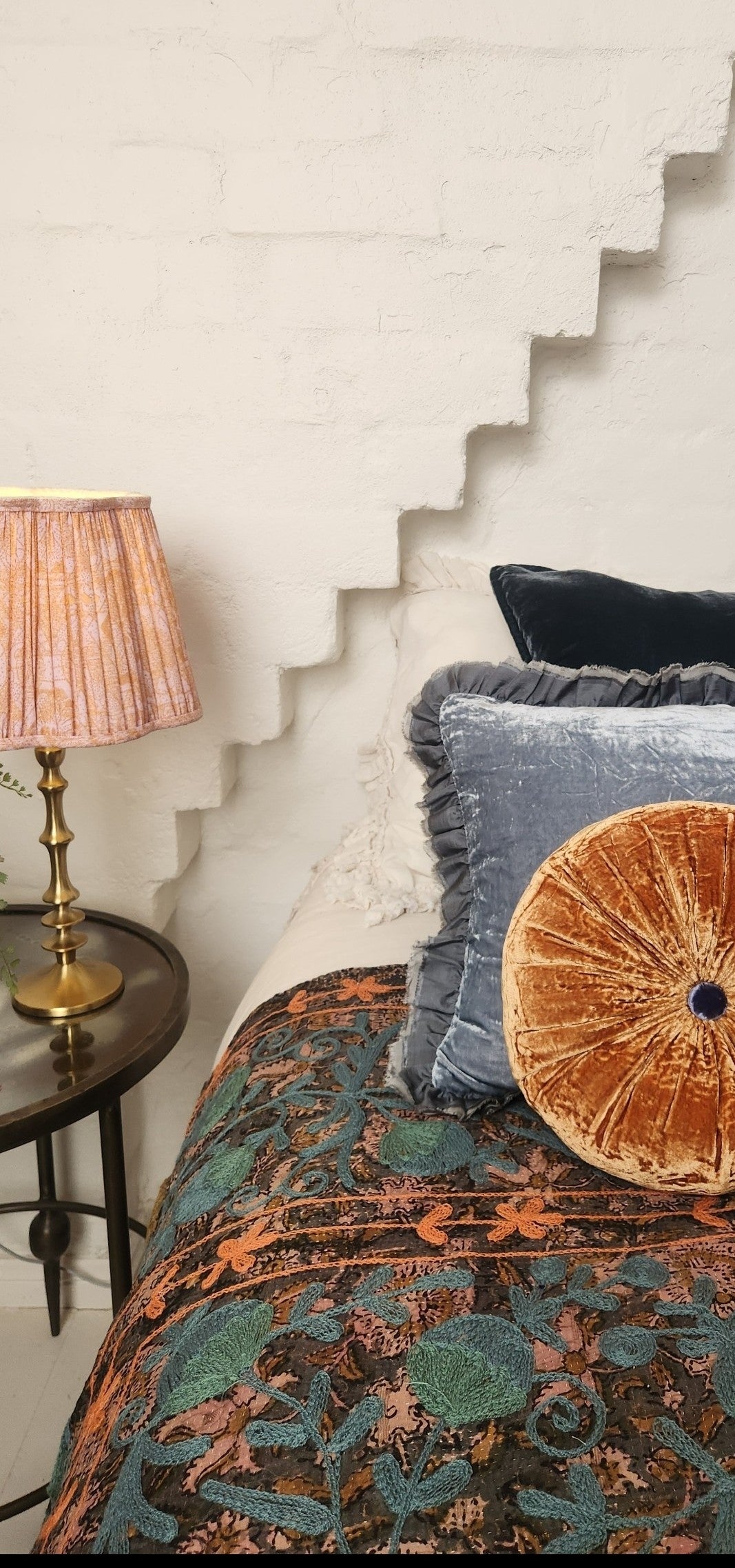 Vintage Suzani Kantha Throw - Dusty Blue , Orange and Olive