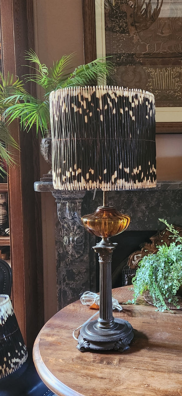 Vintage Brass and Amber Glass Lamp with Porcupine Quill Shade