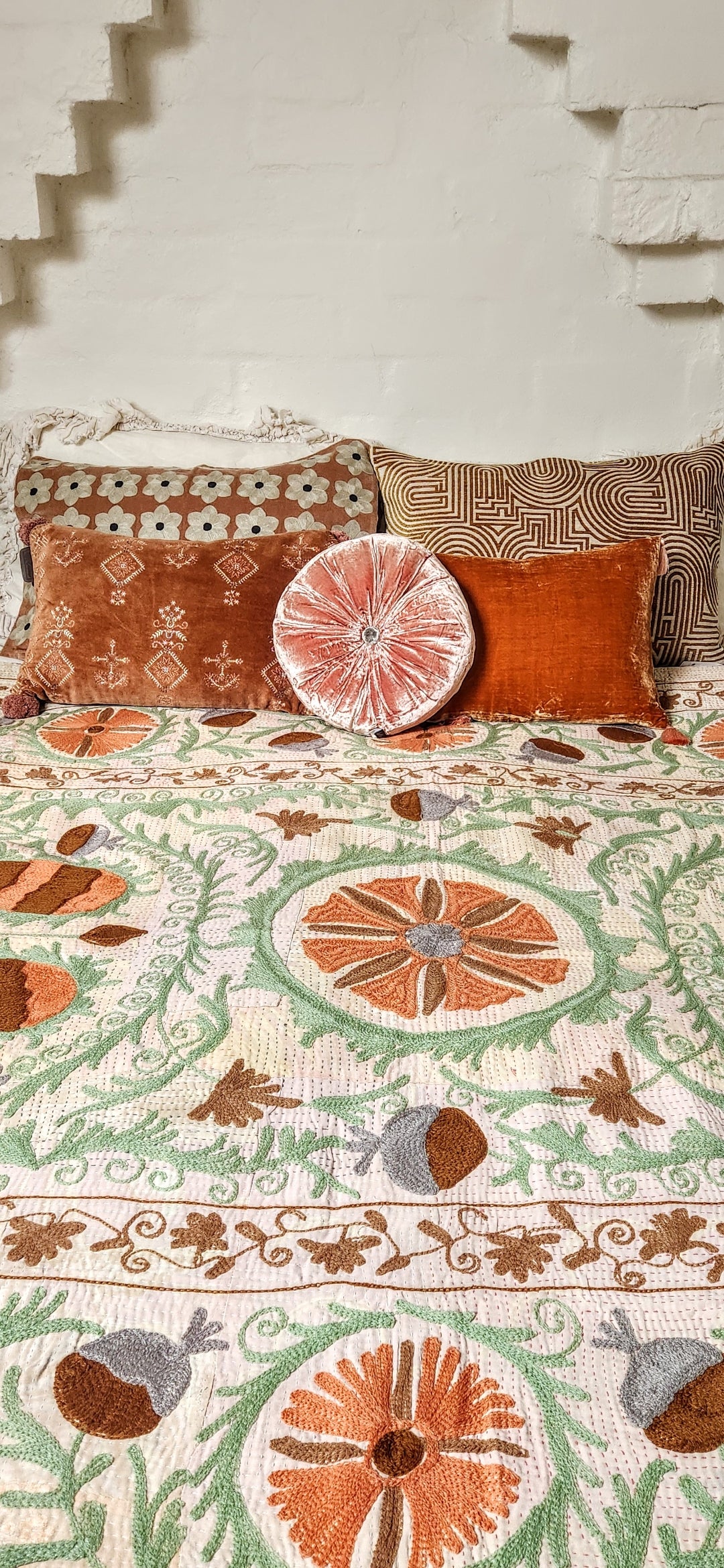 Vintage Suzani Kantha Throw - Apricot, Green, Ochre, Pale Pink & Lemon