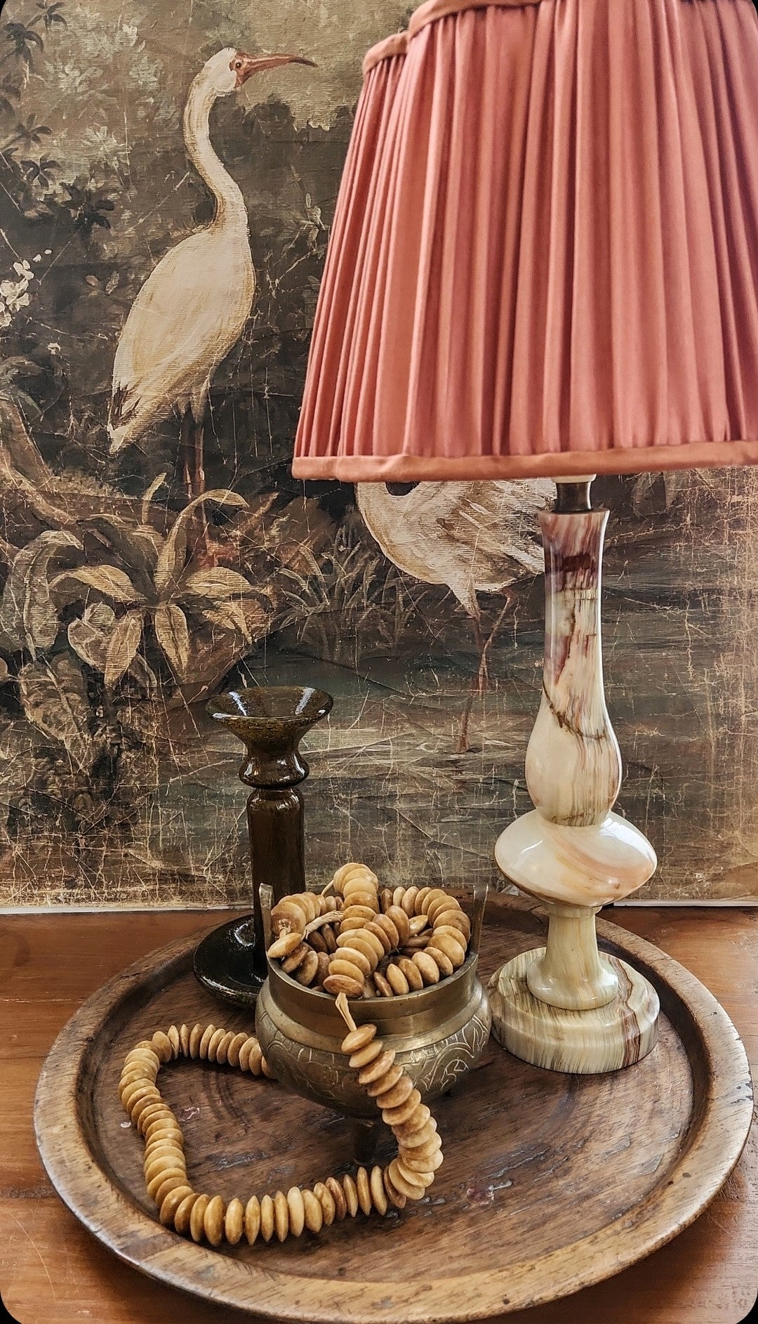 Alabaster Lamp and Pleated Bronze Silk Shade