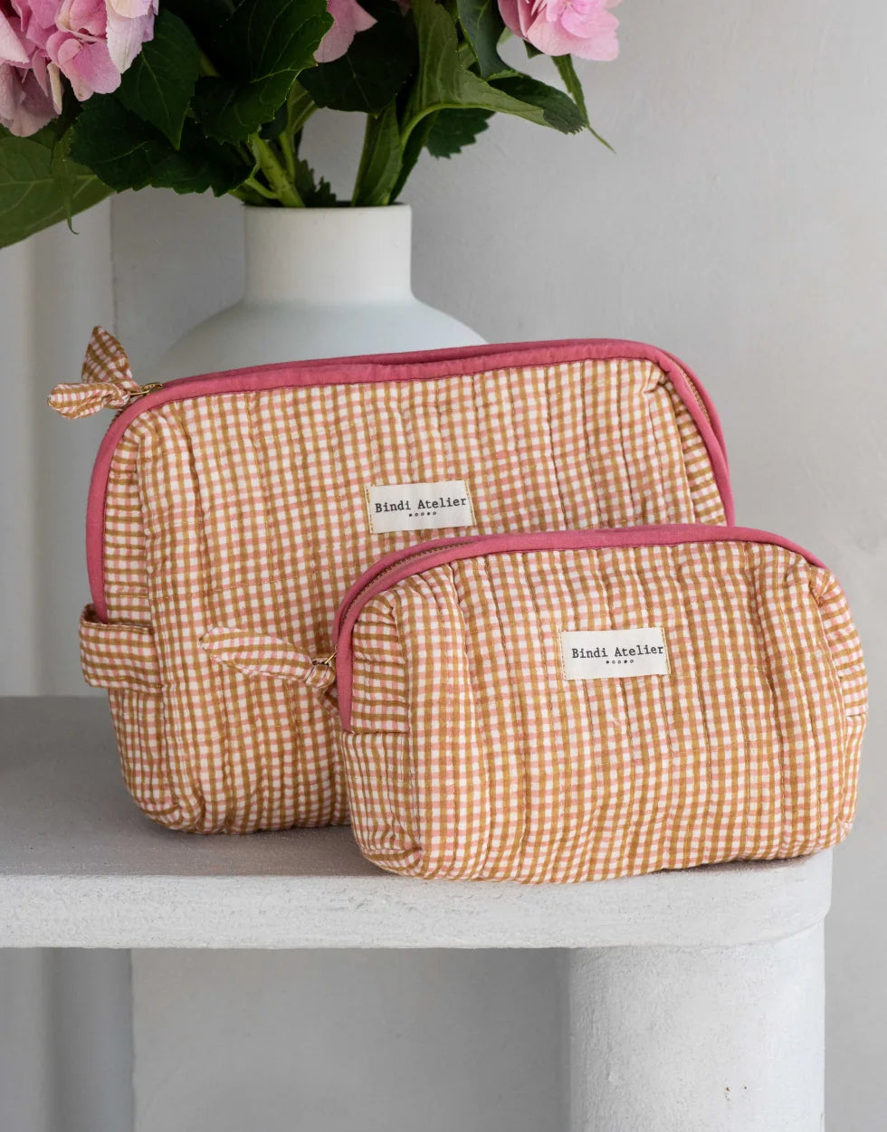 Caramel French gingham print makeup bag