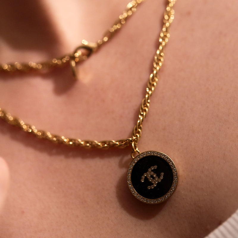 Black Enamel and Diamante Necklace (Long)