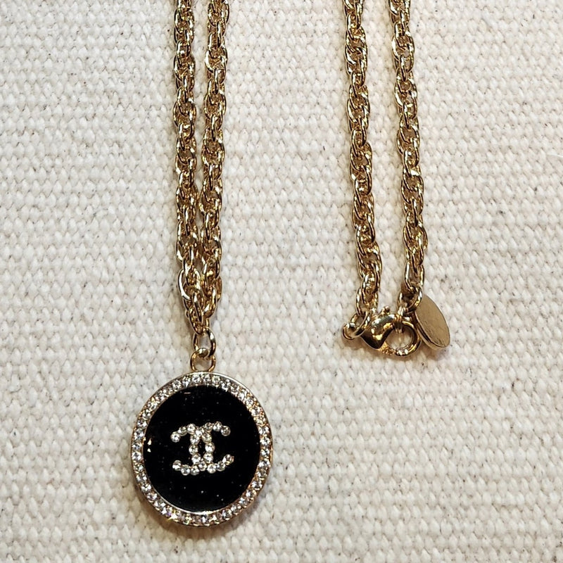 Black Enamel and Diamante Necklace (Long)