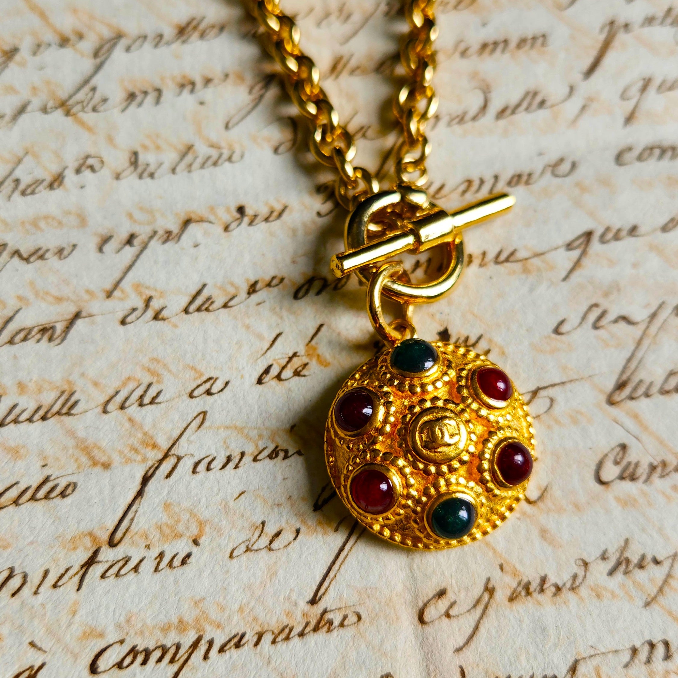 Margot Pendant ( with red & green ball highlights) T Bar Necklace - Large