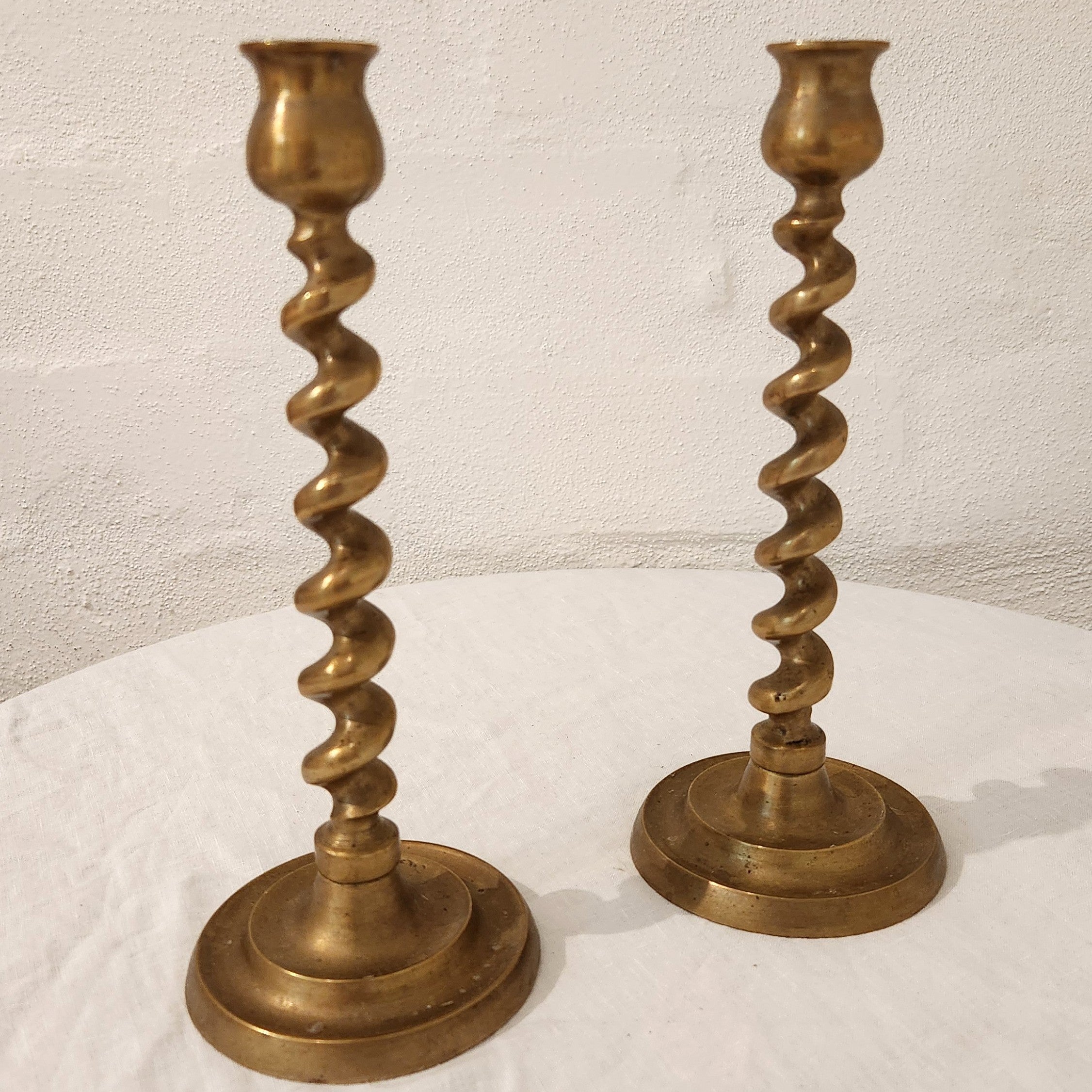 Pair of Antique Brass Spiral Candlesticks