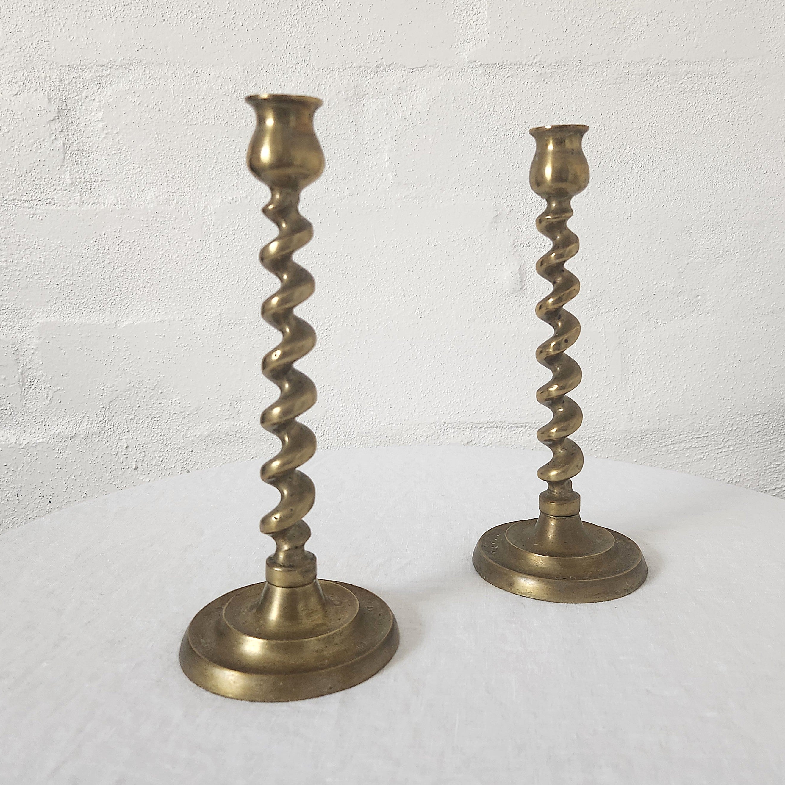 Pair of Antique Brass Spiral Candlesticks