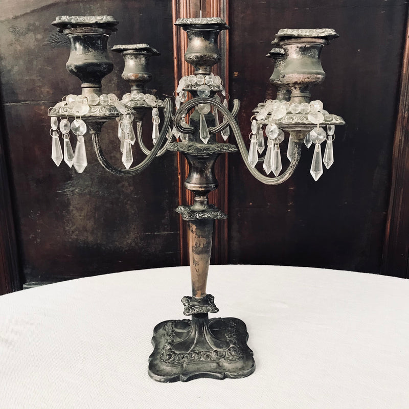 Antique French Five Arm Candelabra with Glass Beaded Bunting