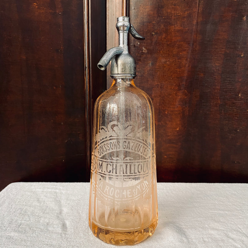 French Peach Glass Soda Siphon. Engraved 1935.