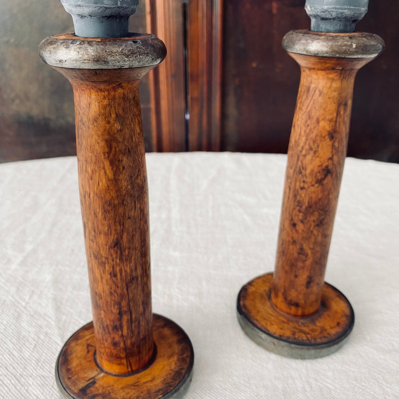 Pair of Wooden Bobbin Candlesticks