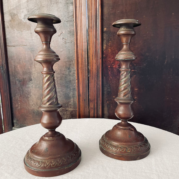 Pair of Antique French Copper Candlesticks