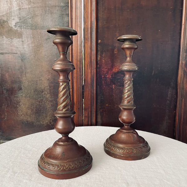 Pair of Antique French Copper Candlesticks