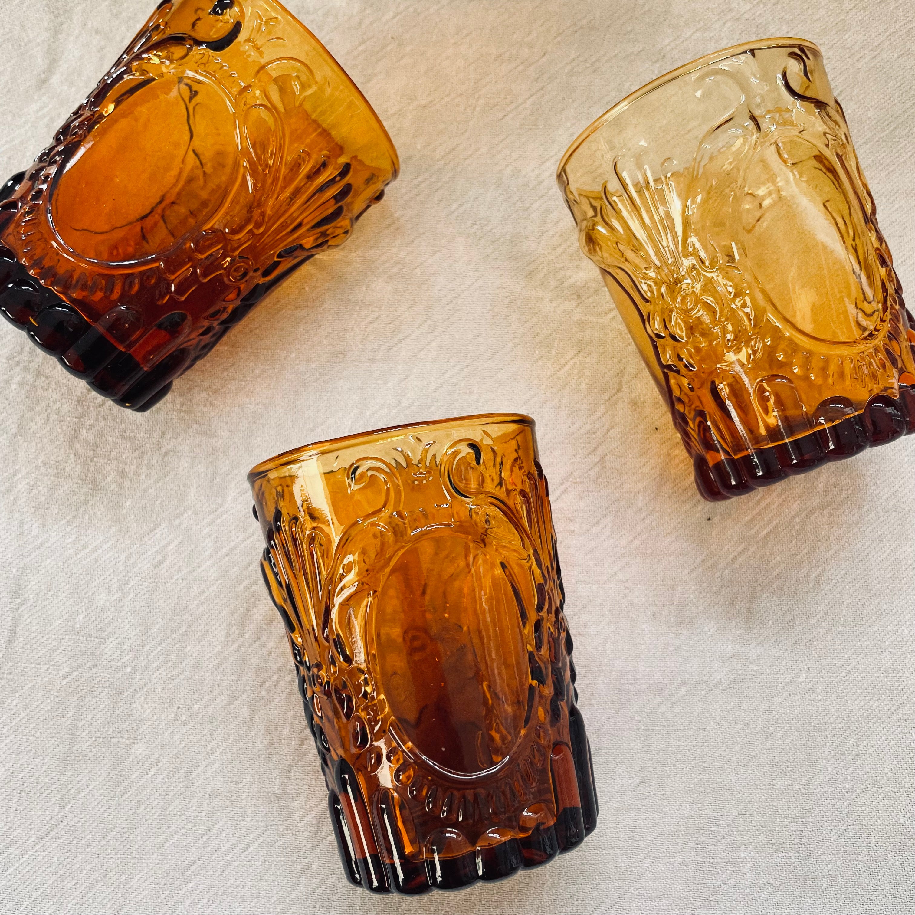 Vintage Amber Peacock Jug & Set of 4 matching tumblers