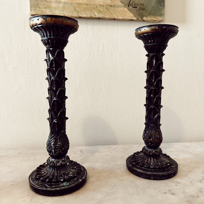 Pair of Bronzed Pineapple Skin Candlestands