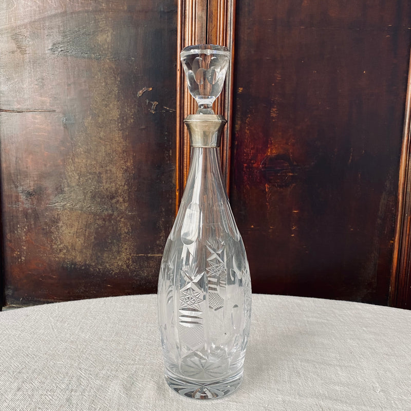 French Cut Crystal Decanter, Silver Mount to the Top & Cut Glass Stopper