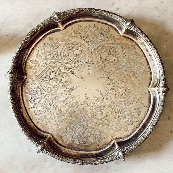 Etched Silver Tray with Lion's Paw Feet