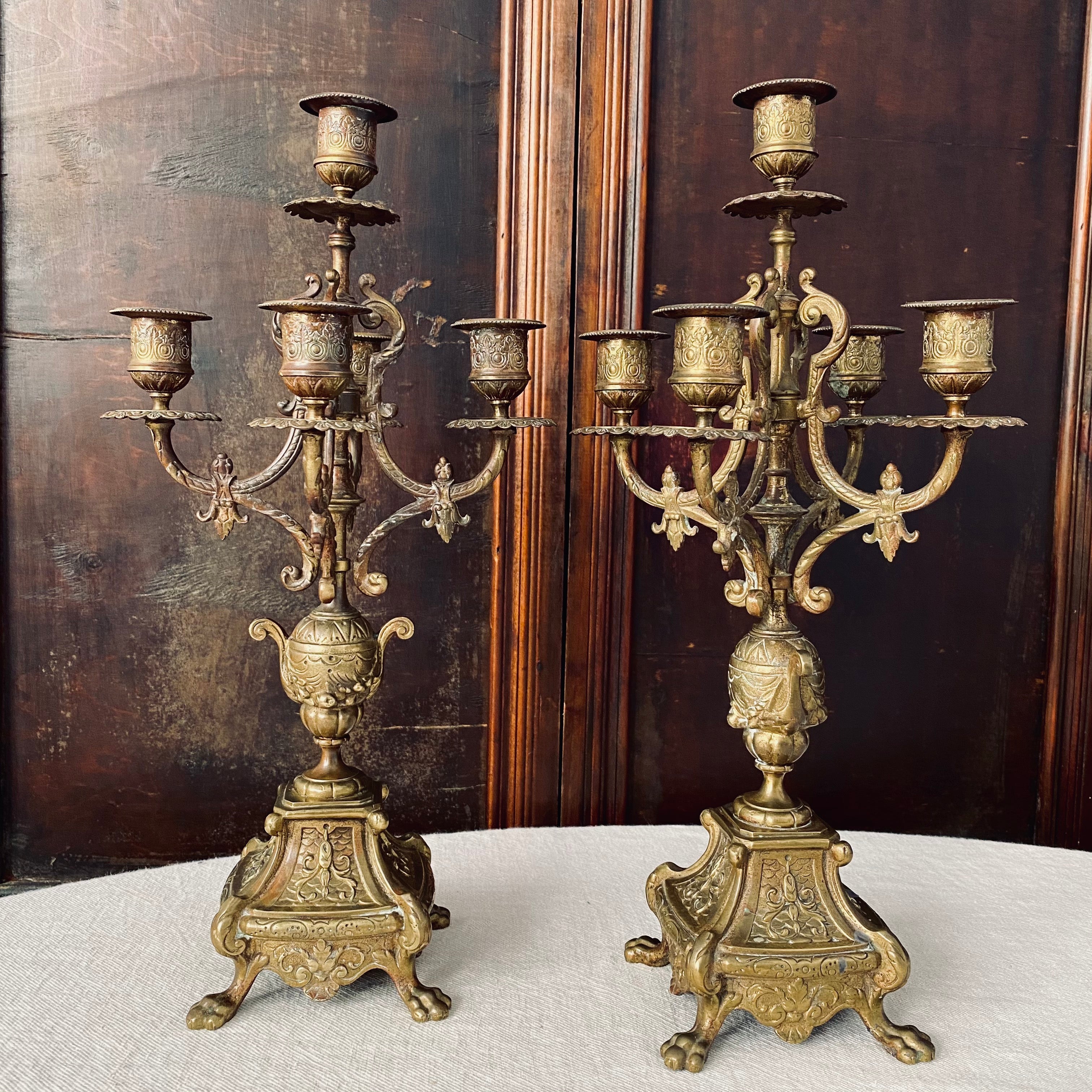 French Brass Fivehead Candelabra Pair