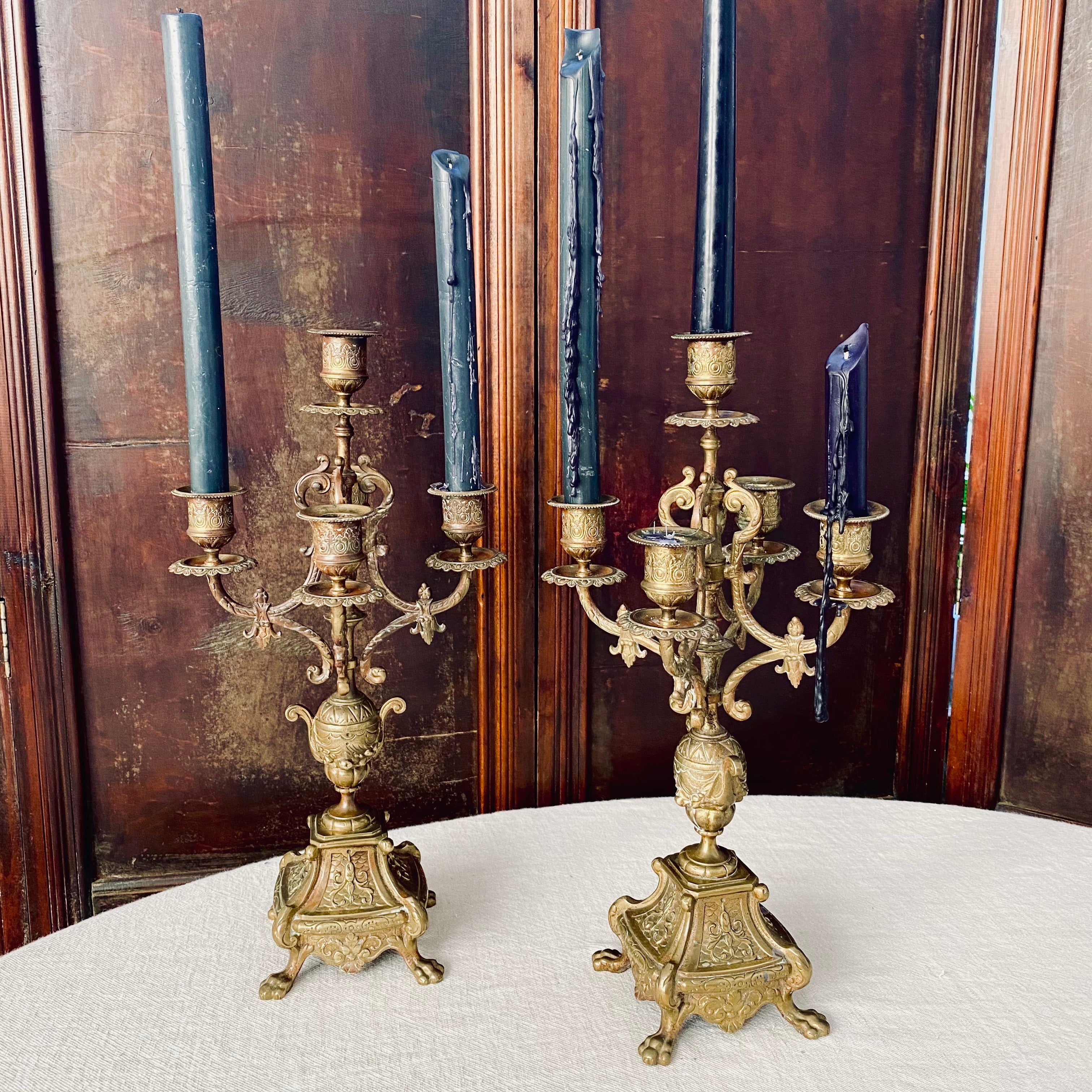 French Brass Fivehead Candelabra Pair