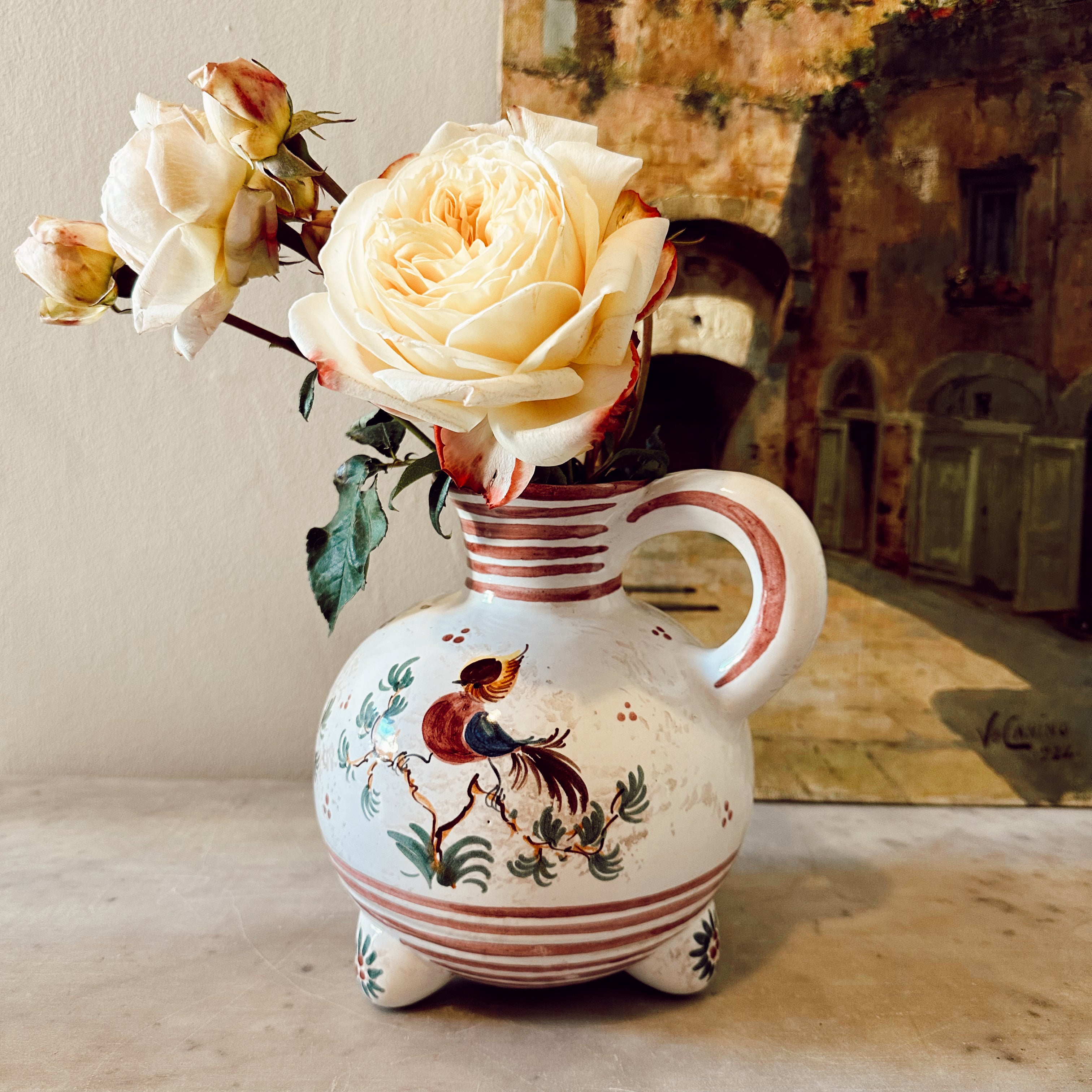 Vintage 1950s French Pottery Jug with Birds