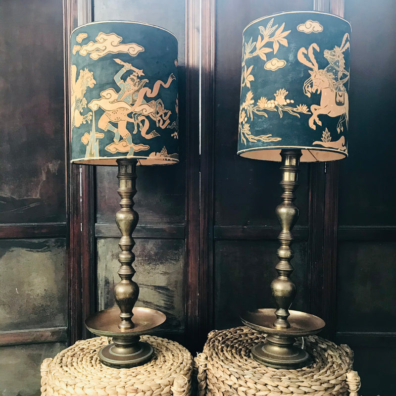 Pair of Mid-Century Brass Lamps with Navy Parchment Shades – Love