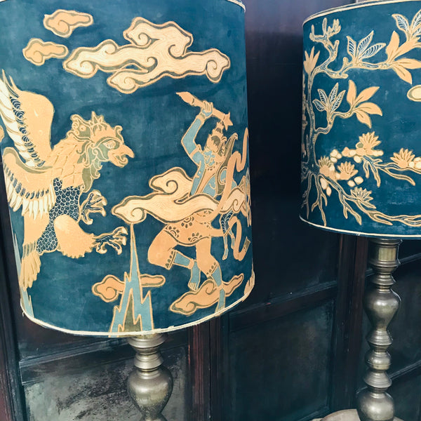 Pair of Mid-Century Brass Lamps with Navy Parchment Shades