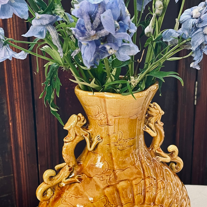 Chinese Yellow Moon Flask Dragon and phoenix vase, with twin handles