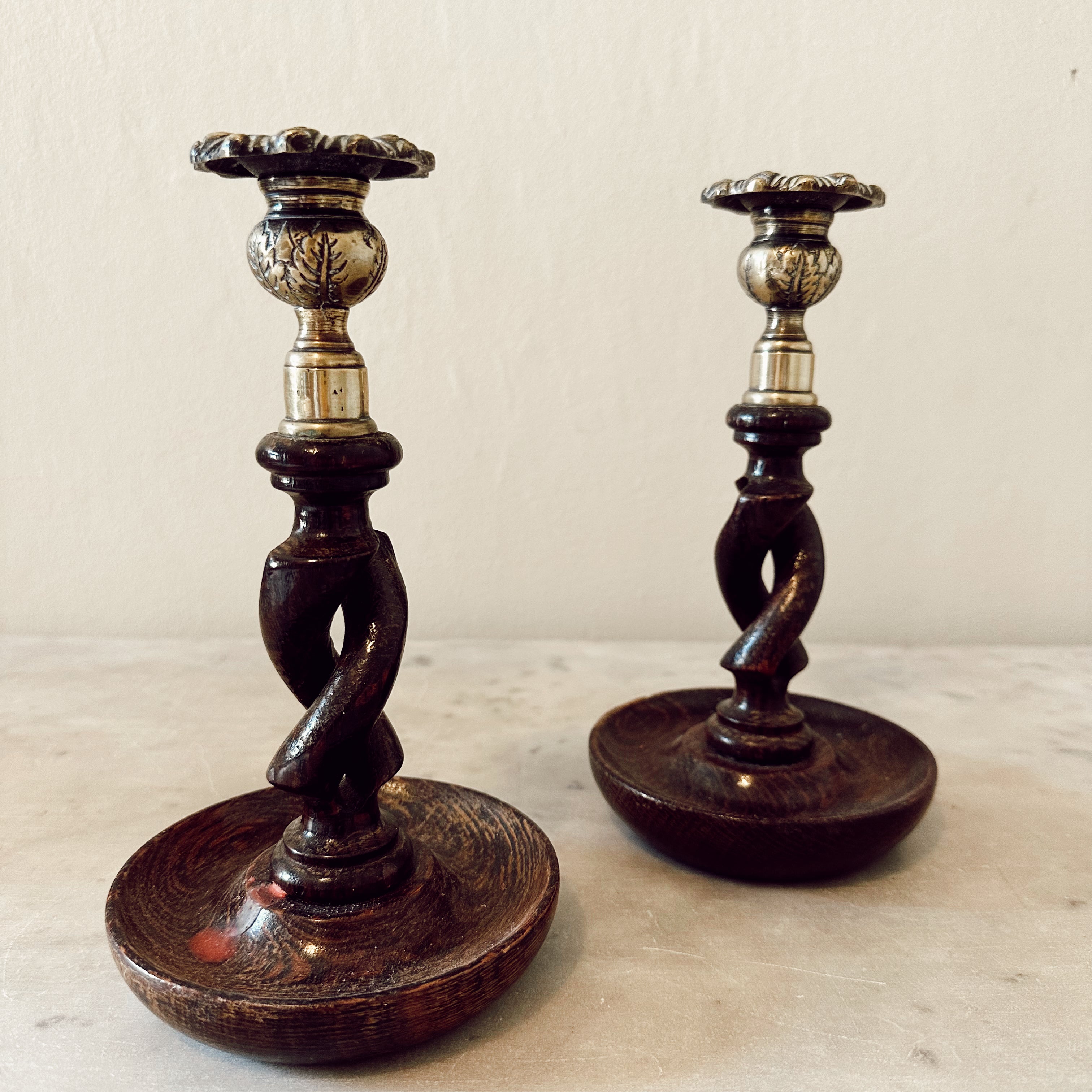 Oak Barley Twists Candlesticks with Brass Tops