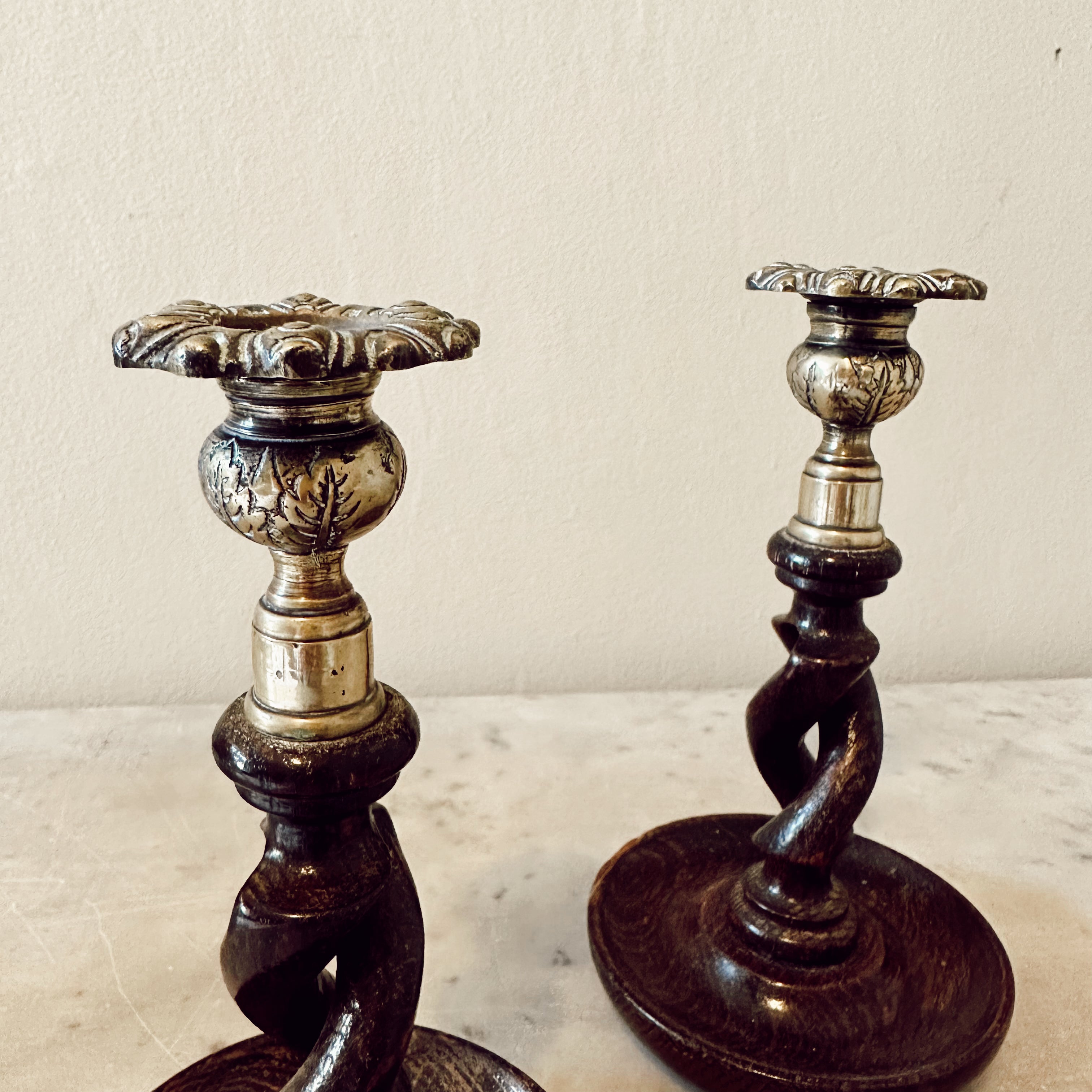 Oak Barley Twists Candlesticks with Brass Tops