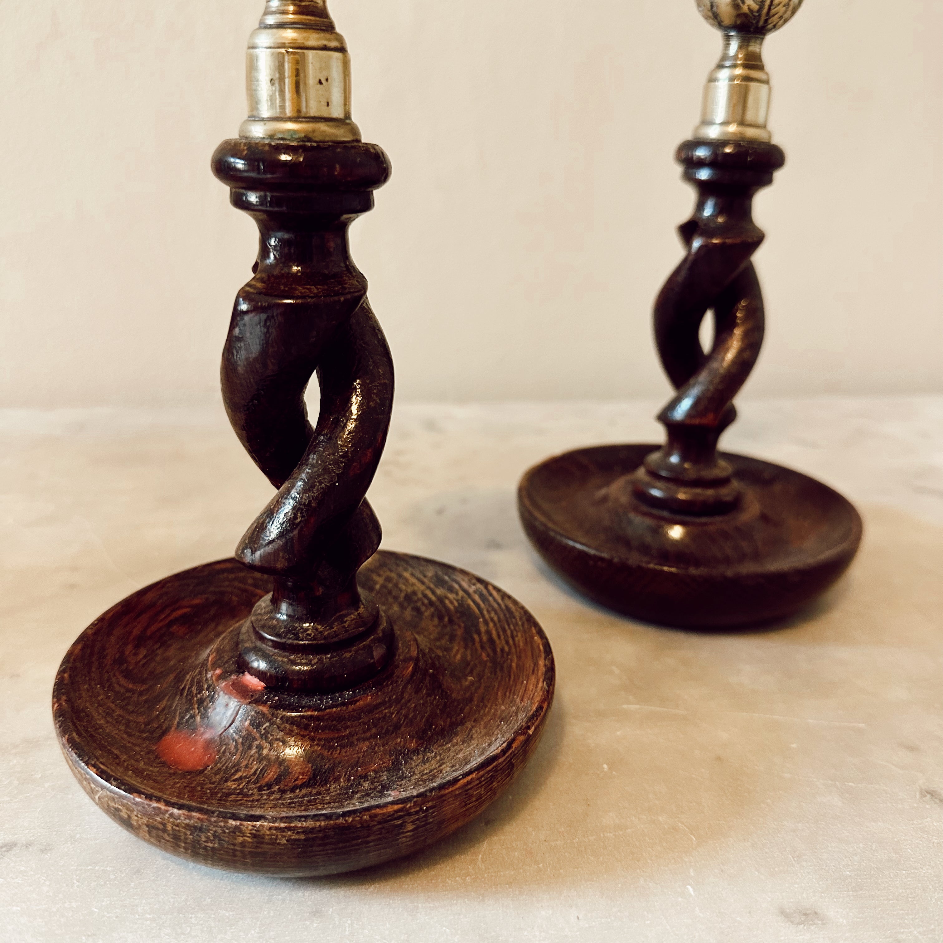 Oak Barley Twists Candlesticks with Brass Tops