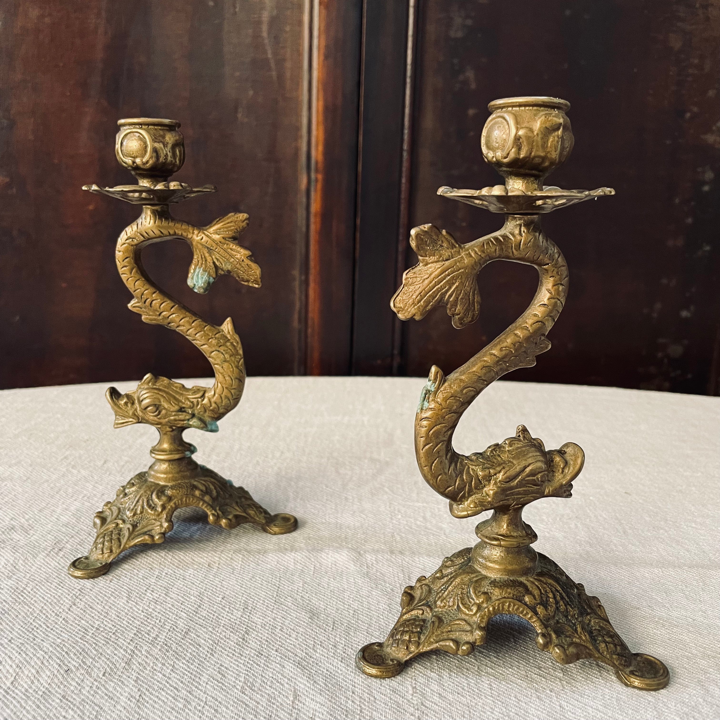 Pair of Antique French Bronze Candlesticks - Rococo Style Mythical Dolphins.