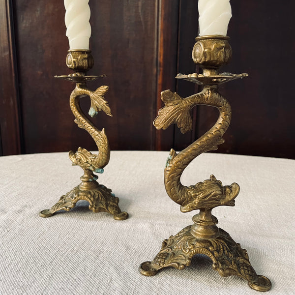 Pair of Antique French Bronze Candlesticks - Rococo Style Mythical Dolphins.