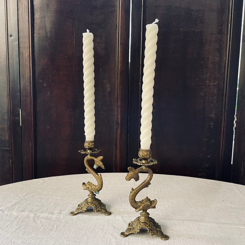 Pair of Antique French Bronze Candlesticks - Rococo Style Mythical Dolphins.