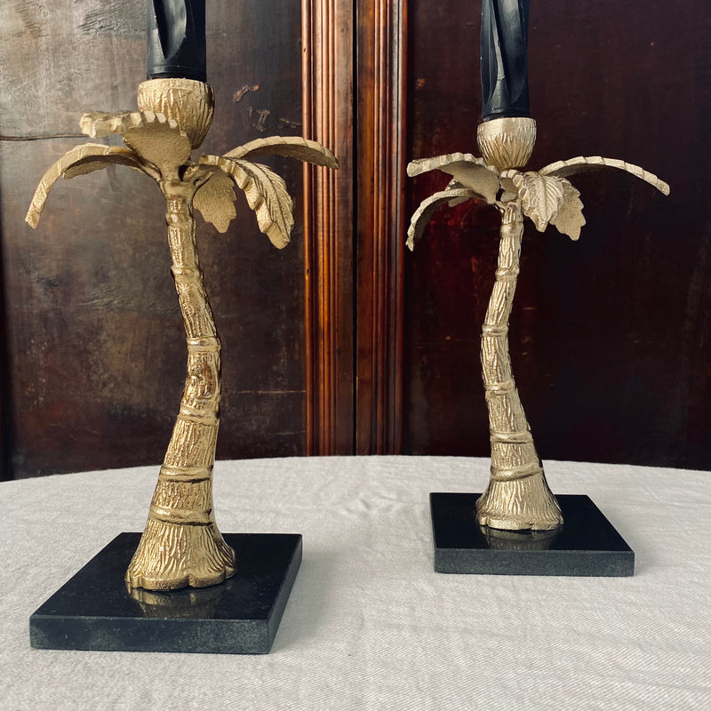 Pair of Vintage Palm Tree Candlesticks on Marble Bases