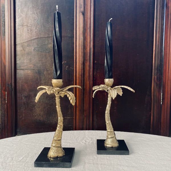 Pair of Vintage Palm Tree Candlesticks on Marble Bases