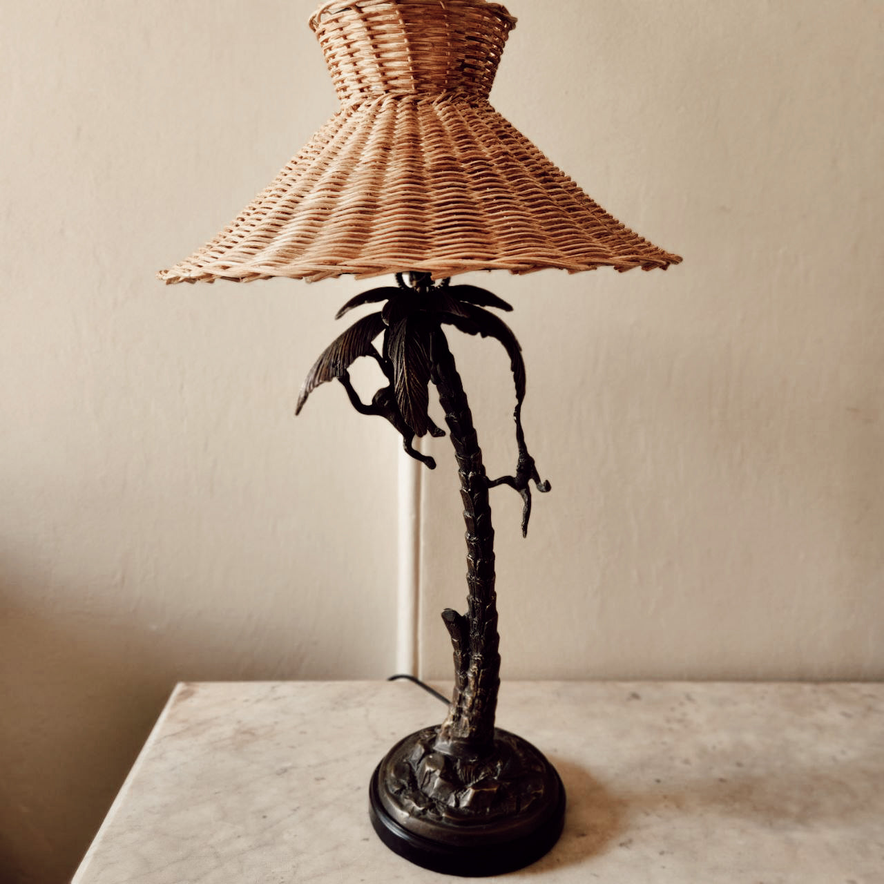 Mid Century Hollywood Regency Bronze Lamp Base with Climbing Monkeys and Handmade Rattan Shade.