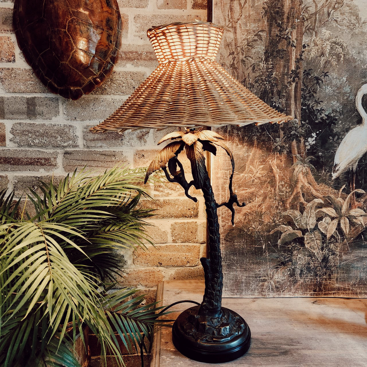 Mid Century Hollywood Regency Bronze Lamp Base with Climbing Monkeys and Handmade Rattan Shade.