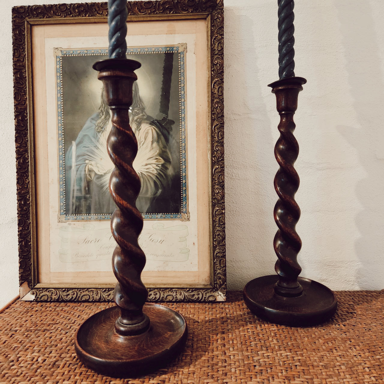 Pair of Scottish Oak Barley Twist Candlesticks