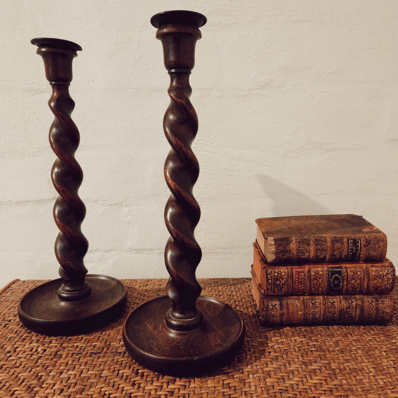Pair of Scottish Oak Barley Twist Candlesticks