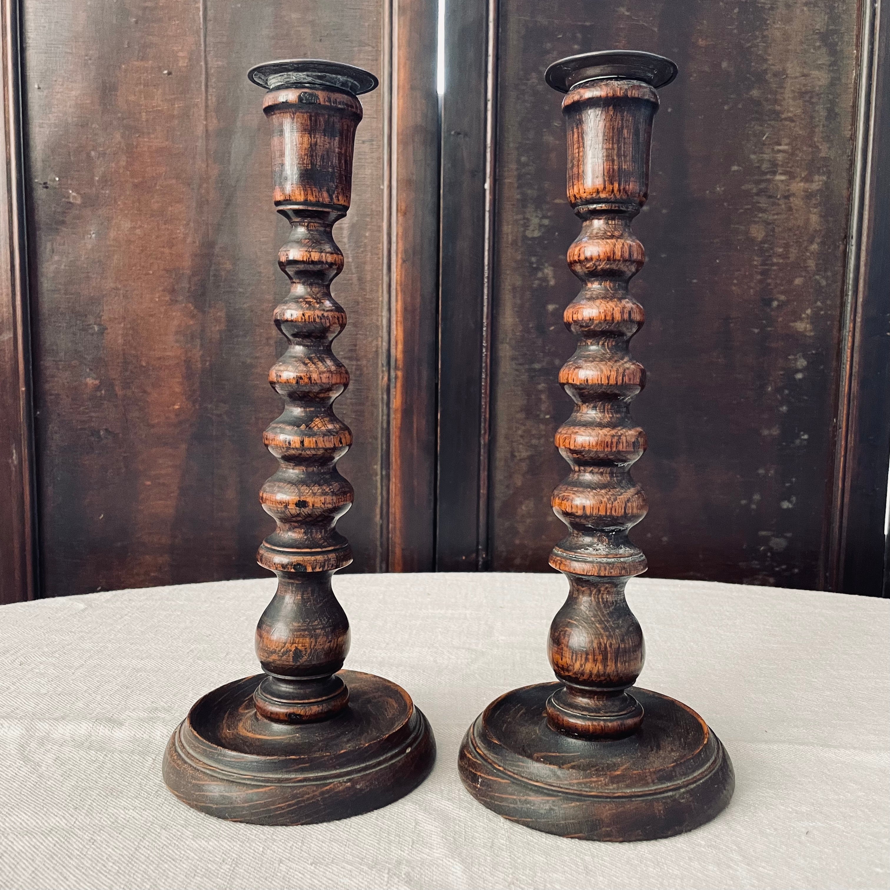 Pair of Silky Oak Bobbin Turned Candlesticks