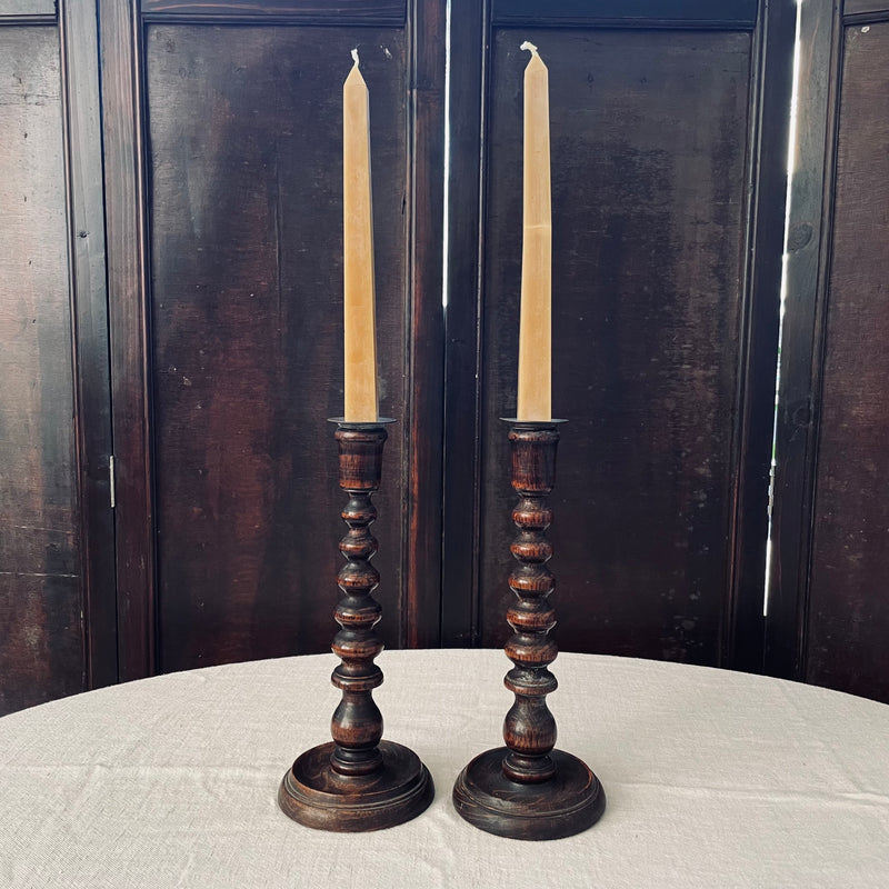 Pair of Silky Oak Bobbin Turned Candlesticks