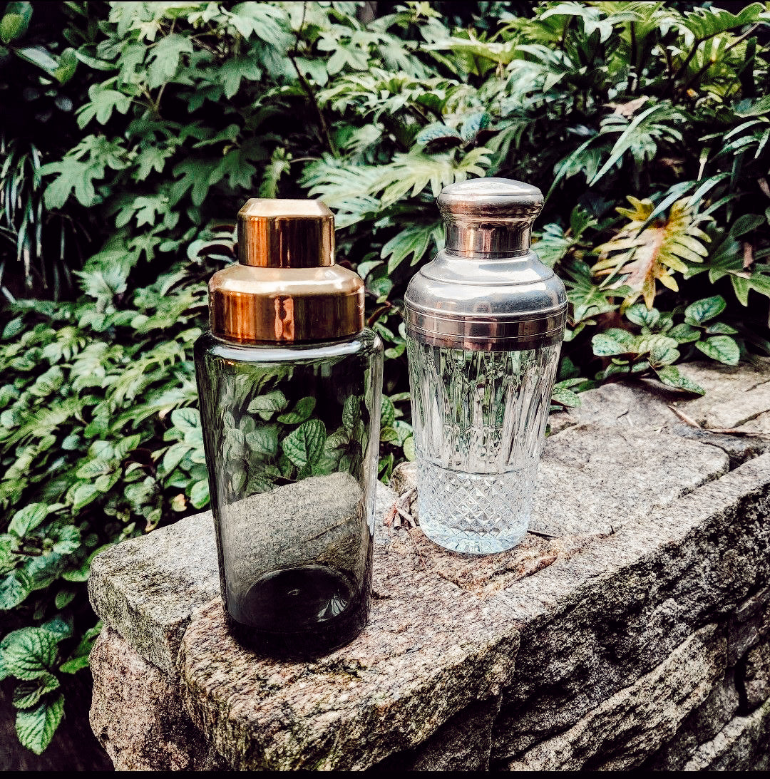 Vintage smokey glass and brass cocktail shaker