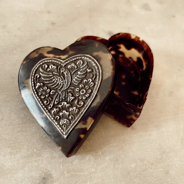 Antique Tortoise Shell & Silver Heart Shaped Box