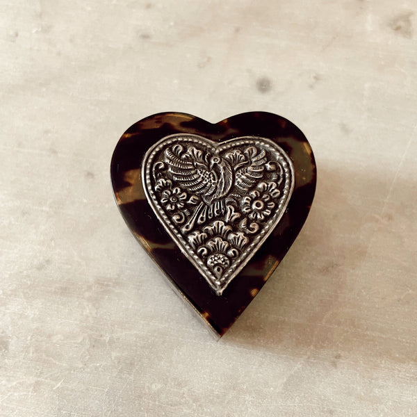 Antique Tortoise Shell & Silver Heart Shaped Box